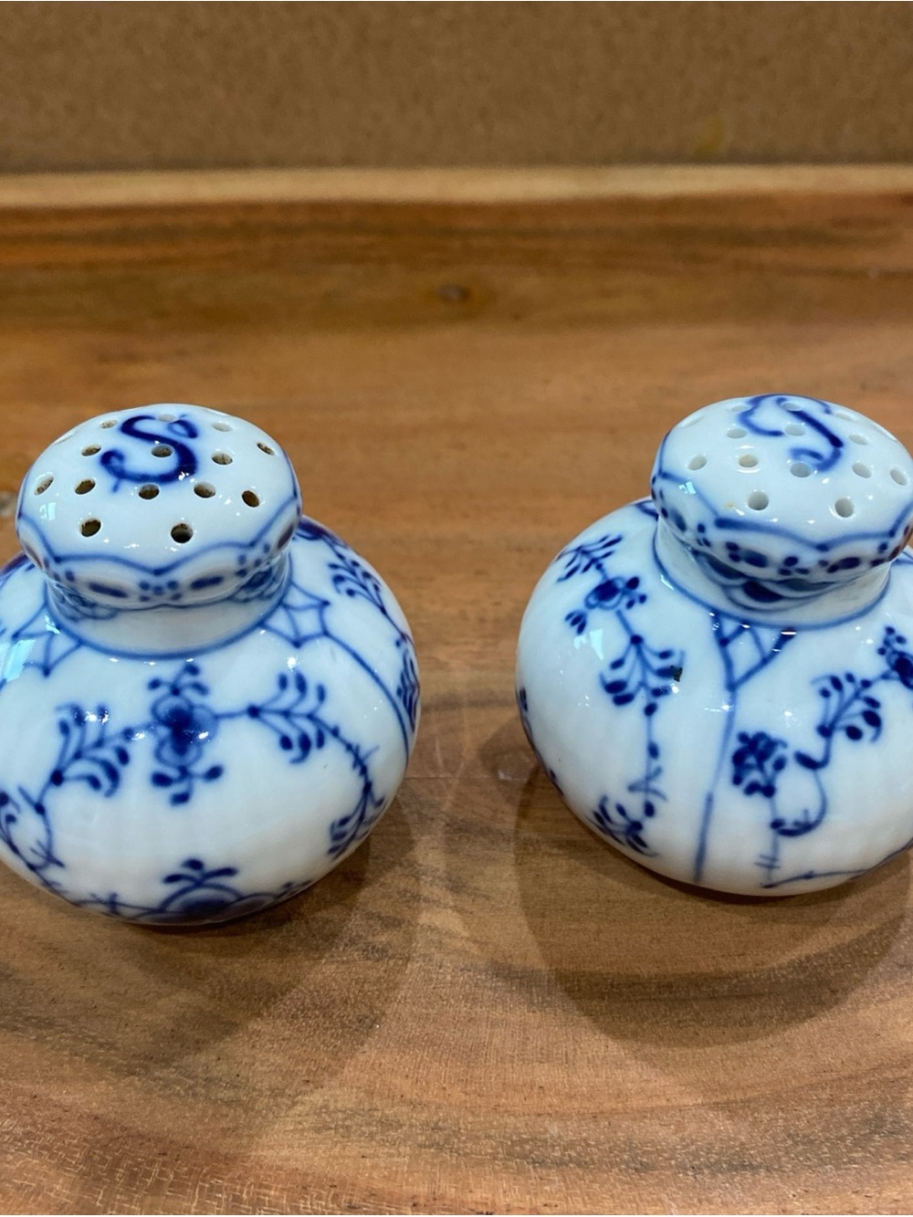 VTG Royal Copenhagen Blue & White Fluted Half Lace Salt & Pepper Set w/Stoppers